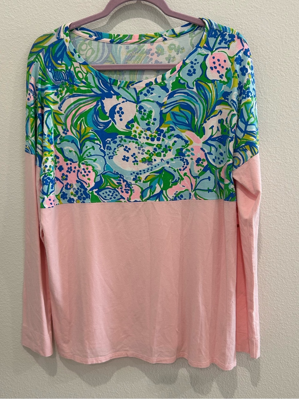 Lilly Pulitzer Pink Long-Sleeve Top with Blue Multi Floral Yoke